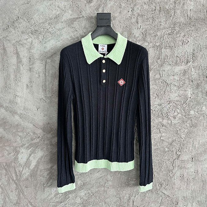 casablanca color block ribbed knit long sleeve polo shirt